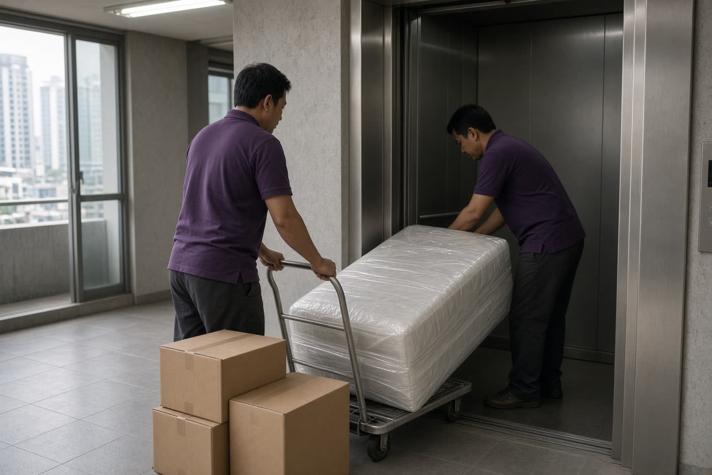 Pindahan apartemen lewat lift barang.